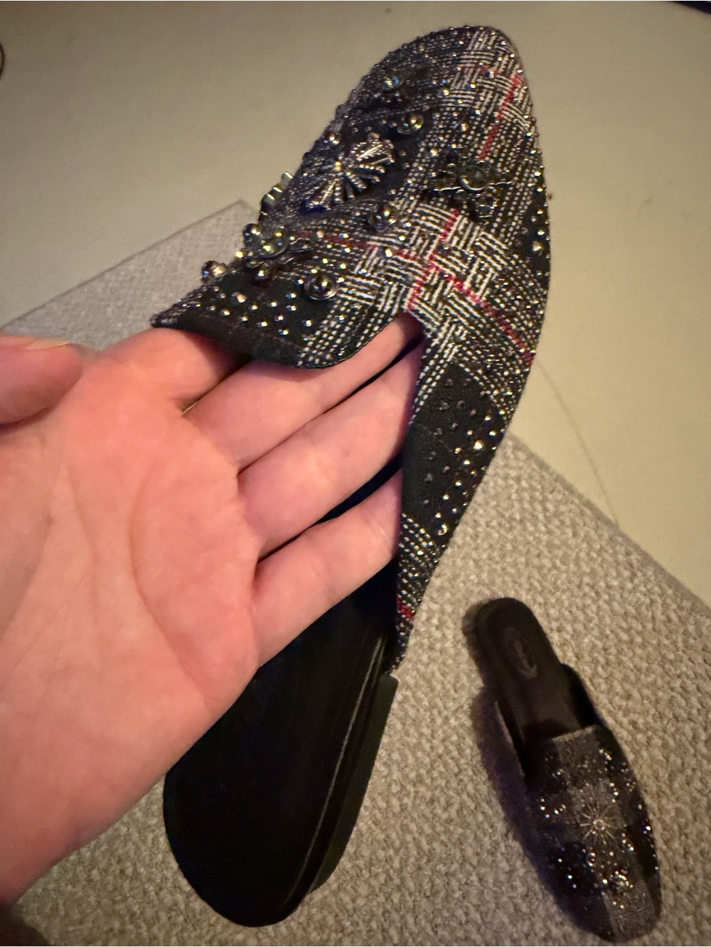 Embellished Black Tweed Slip-On Mules with Jewel Accents